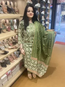 green cotton kurti pant with dupatta set